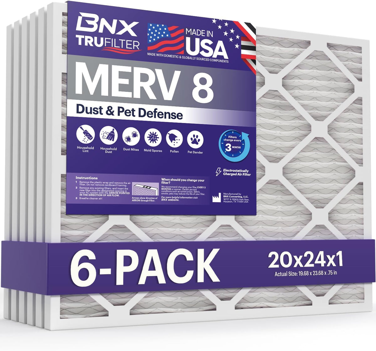 BNX TruFilter 20x24x1 Air Filter MERV 8 (6-Pack) - MADE IN USA – Dust & Pet Defense Electrostatic Pleated Air Conditioner HVAC AC Furnace Filters for Dust, Pet, Mold, Pollen MPR 600 – 700 & FPR 5