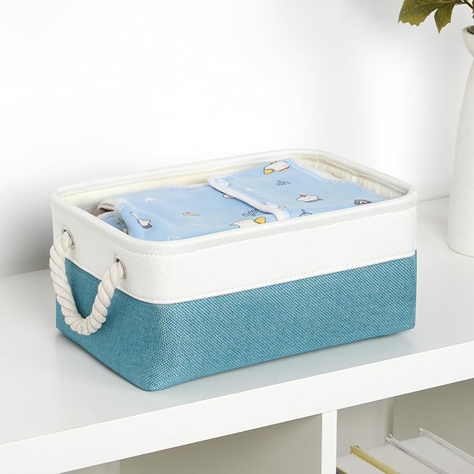 Bidtakay Small Storage Baskets for Shelves 3 Pack Fabric Storage Bins for Organizing Linen Collapsible Organizer for Closet-White&Teal