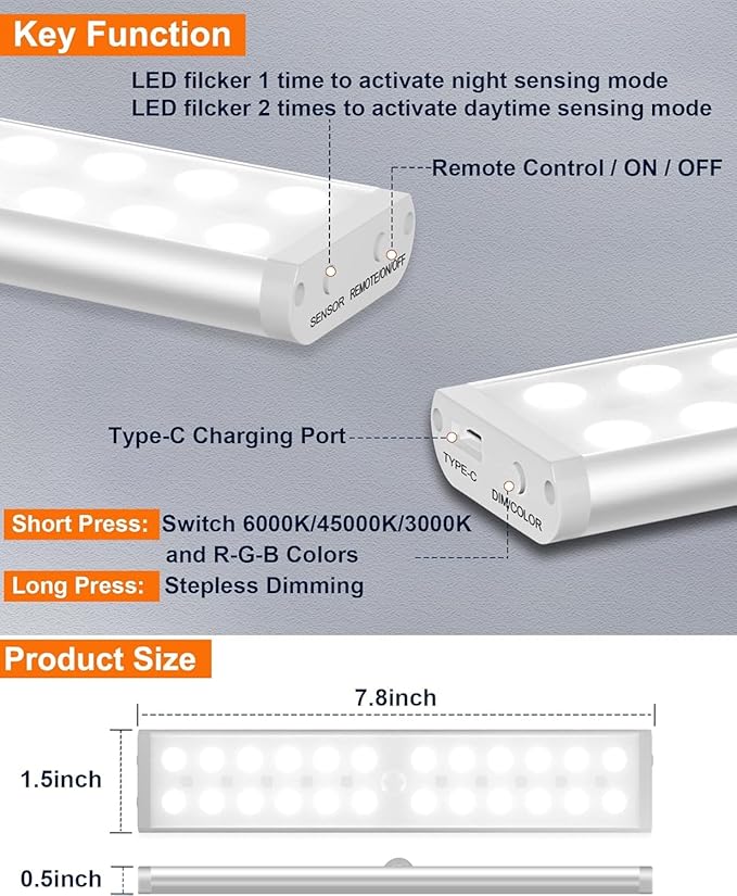 Under Cabinet Lights Wireless, 58-LED Rechargeable Motion Sensor Closet Lights with Remote Control, RGB Color Changing Under Counter Lights for Kitchen, Pantry, Bedroom, Stairs, 2 Pack