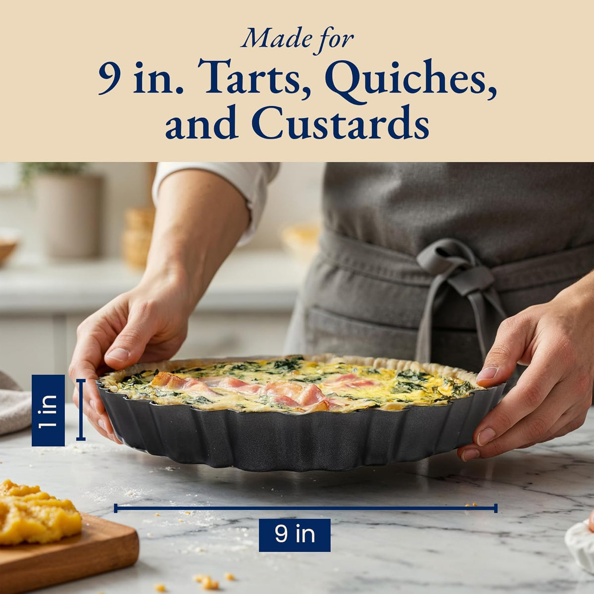 Patz&Patz Fluted Tart Pan 9 Inch Removable Bottom with Patented Silicone Crust Shaper, Nonstick Carbon Steel Quiche Baking Dish