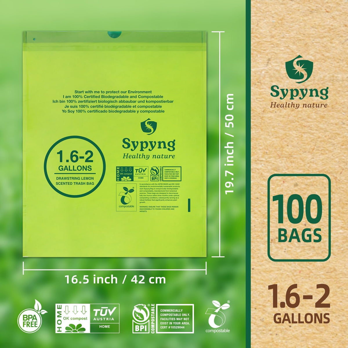 Compostable Kitchen Trash Bags 1,6-2 Gallon (100-Pack) - Heavy-Duty 1.1 Mil, 100% Biodegradable, ASTM D6400, BPI & OK Compost HOME Certified, Eco-Friendly, Leakproof & Odor Control