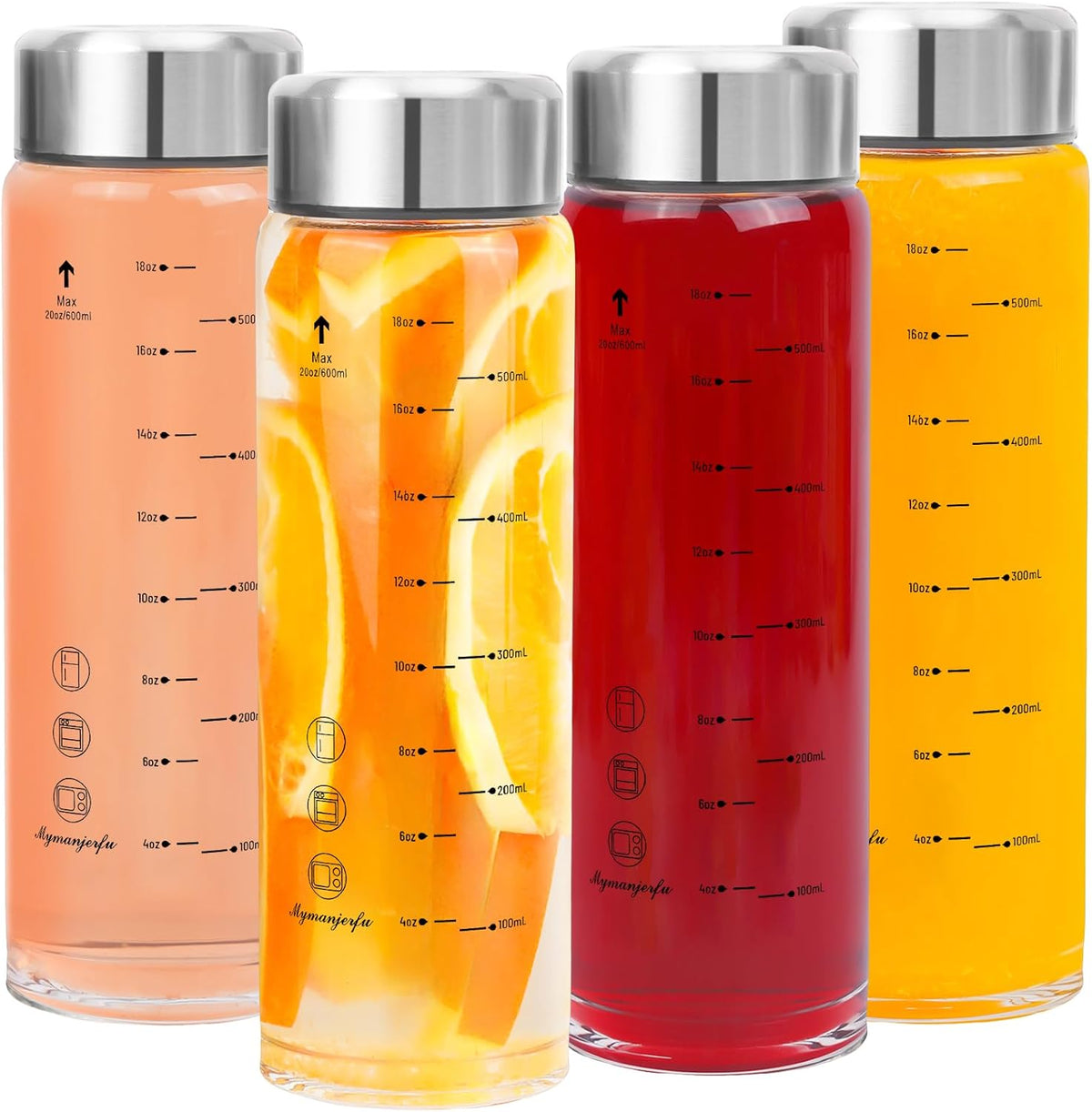 Glass Juice Bottles 4 Pack 20 oz - Wide Mouth Glass Water Bottles with Lids - for Juicing, Smoothies, Milk, Protein, BPA Free, Reusable, Stainless Steel Lids, Leak Proof, Shaker bottle [20oz/600ml]