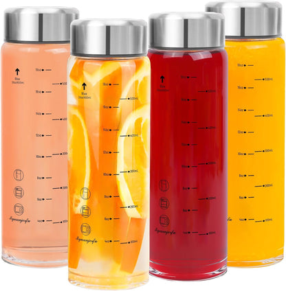Glass Juice Bottles 4 Pack 20 oz - Wide Mouth Glass Water Bottles with Lids - for Juicing, Smoothies, Milk, Protein, BPA Free, Reusable, Stainless Steel Lids, Leak Proof, Shaker bottle [20oz/600ml]