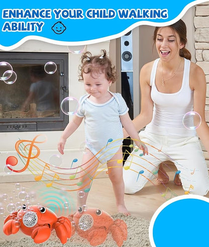 Bubble Machine - 360° Crawling Crab, Auto Obstacle Avoidance, USB-C Rechargeable, LED & Music - Tummy Time Toys for Infant, Toddlers, Kids, Boys, Girls - Gifts for Easter, Outdoor, Birthday, Parties