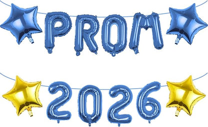 Prom 2026 Balloons Decorations, 16 Inch Foil Letter Number Balloons with 18 Inch Blue Gold Star Balloons for High School College Graduation Gift Retirement Ins Photo Party Supplies