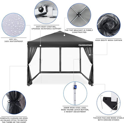 OASISHOME 10'x10' Pop-Up Gazebo Canopy Tent with Netting Sidewall & Wheeled Bag,Weight Bag, Stakes, Ropes, Waterproof, UV Protection, Heavy-Duty Steel Frame for Backyard/Outdoor/Parties (Black,10x10)