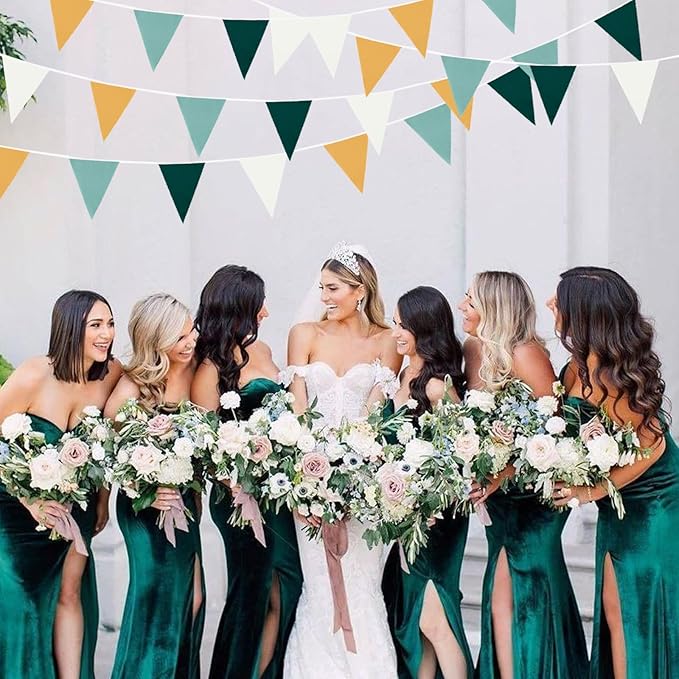 Zwiebeco 39Ft Dark Green Gold White Fabric Bunting Banner Triangle Flags Cotton Garland Pennant for Forest Wild One Safari Birthday Wedding Baby Shower Outdoor Garden Decorations