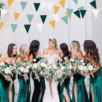 Zwiebeco 39Ft Dark Green Gold White Fabric Bunting Banner Triangle Flags Cotton Garland Pennant for Forest Wild One Safari Birthday Wedding Baby Shower Outdoor Garden Decorations