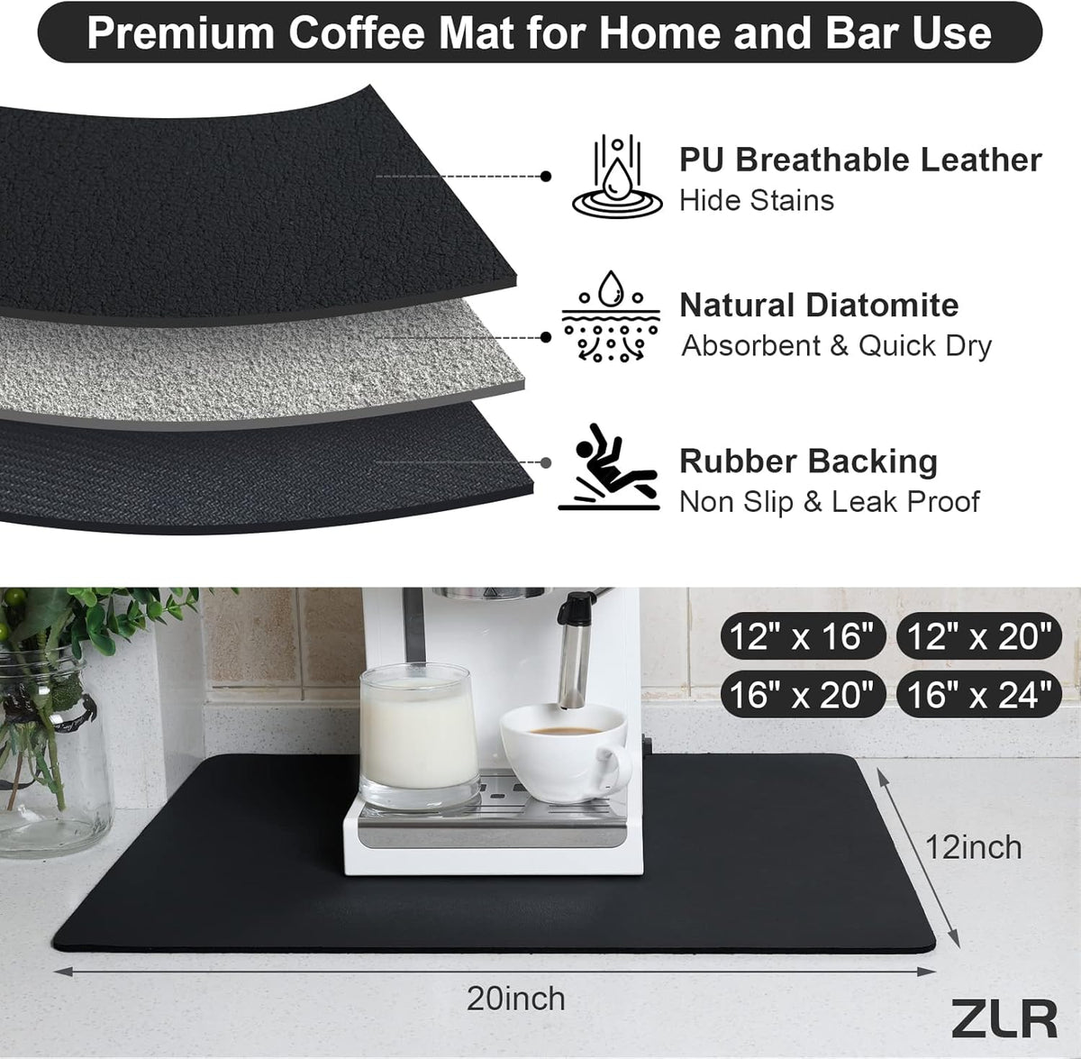 ZLR Coffee Mat - 12" x 20" Middle Kitchen Hide Stain Absorbent Dish Drying Mat for Countertop