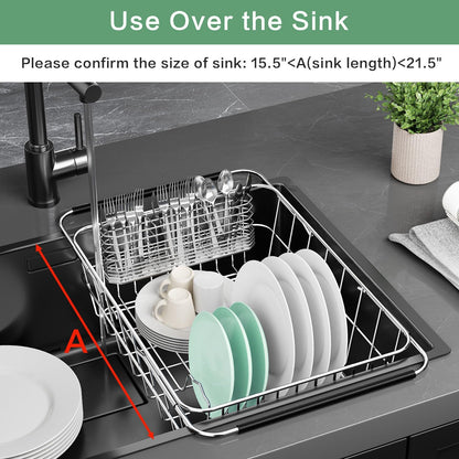 Large Dish Drainer Rack in Sink Adjustable, Expandable 304 Stainless Steel Metal Dish Drying Rack Organizer with Stainless Steel Utensil Holder Over Inside Sink Counter, Rustproof