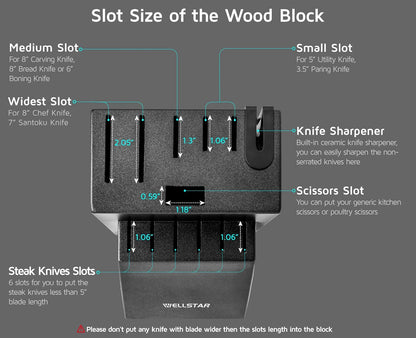 12 Slot Kitchen Knives Block, WELLSTAR Natural Wood Knife Holder without Knives – Hard Wood Countertop Knife Storage with Built-in Knife Sharpener - Black