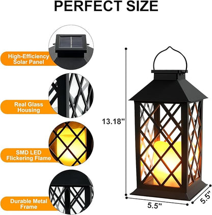 Solar Lanterns Outdoor Waterproof - 2 Pack 14" Large Hanging Solar Lantern with Glass Flickering Flame, IP65 Weatherproof Decorative Lanterns for Garden, Patio, Yard, Porch, Balcony, Gifts Mom Wife