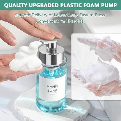 RYTOXILO Glass Soap Dispenser, 10 oz/300ml Foaming Soap Dispenser, 2 Pack Foaming Hand Dispenser for Bathroom & Kitchen, Clear Refillable Foam Soap Bottle with Silver Pump