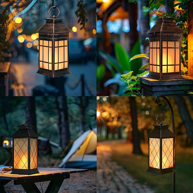 18" Glass Solar Lanterns Outdoor Waterproof, Large Solar Flickering Flame Lantern, Outdoor Lantern Decorative Metal Garden Light for Patio Garden Backyard Outside Tabletop Decor Birthday Gift Grandma