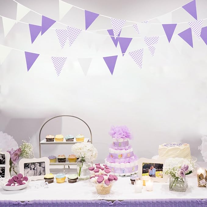 Zwiebeco 39Ft Purple White Dot Fabric Bunting Banner Triangle Flags Hanging Cotton Garland Pennant for Wedding Birthday Tea Party Nursery Home Outdoor Garden Decorations
