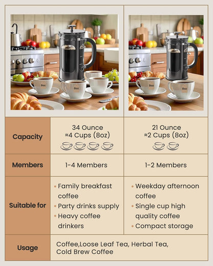 BAYKA French Press Coffee Maker 34 Ounce 1 Liter, Borosilicate Glass Stainless Steel Brewer, Large Portable Cold Brew Cafetera Teapot for Kitchen Travel Camping Coffee Bar Accessories, Dark Pewter