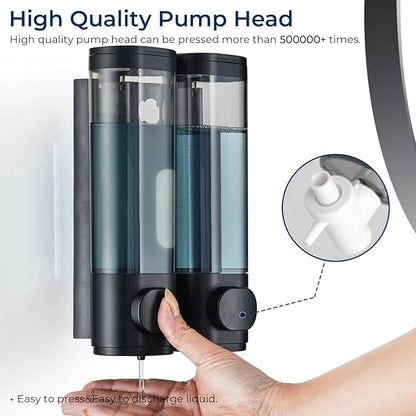 Pollock Shower Dispenser 2 Chamber No Drill Shampoo Conditioner Body Wash Dispenser for Bathroom, Large Capacity, Black