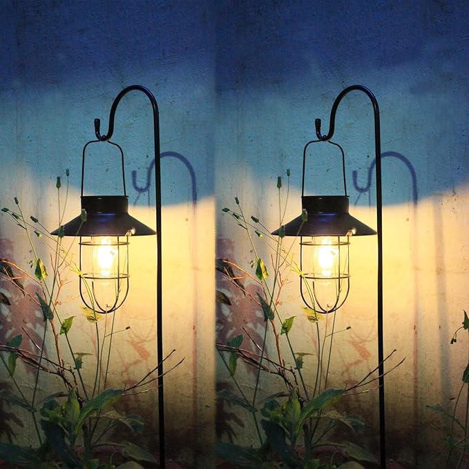 Solar Lanterns Outdoor Waterproof,4pack Hanging Solar Lights Lantern Lamp with Shepherd Hook, Metal Waterproof Edison Bulb Lights for Garden Outdoor Pathway
