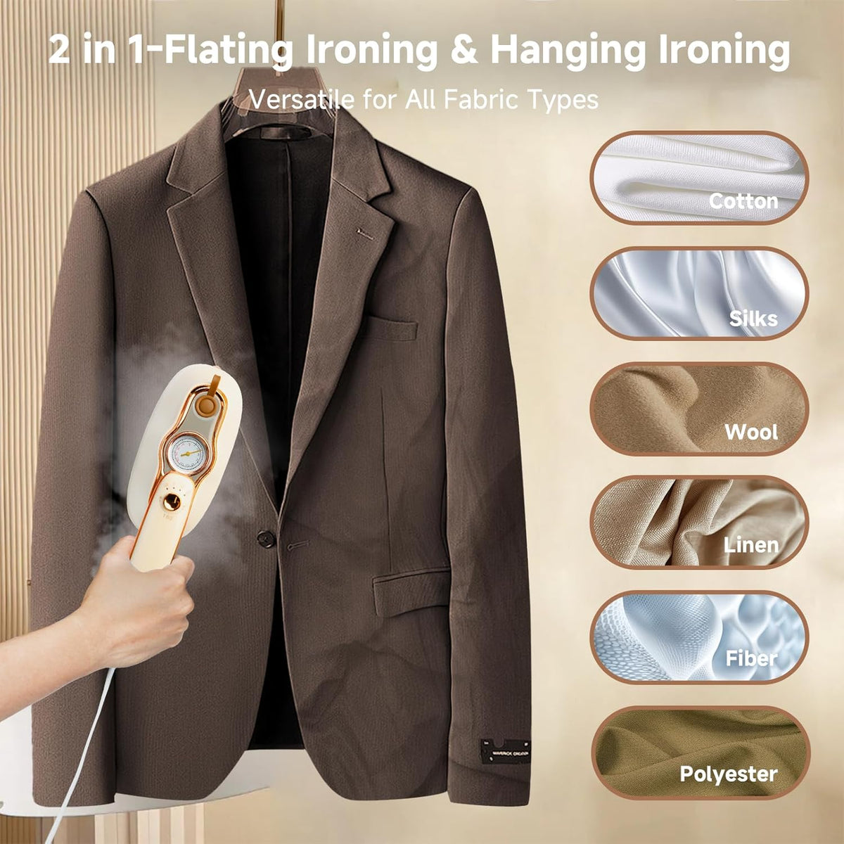 Travel Steamer for Clothes,1200W Portable Handheld Mini Garment Steamers,Steamer ＆ Iron 2 In 1,Large Ceramic Heat Panel,200ml Water Tank,20s Heat Up,Beige,110V-120V