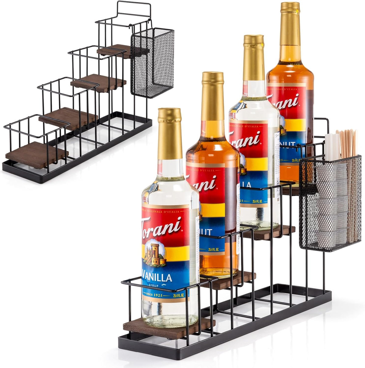 Coffee Syrup Rack Organizer, with Rustic Wood Holder Coffee Station Bar Accessory for Syrup, Wine