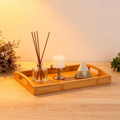 2-Pack Bamboo Serving Trays with Handles, 16" and 13", Decorative Food Tray Set for Breakfast, Coffee, Tea, Snacks, Ideal for Coffee Table, Ottoman, Living Room &amp; Kitchen