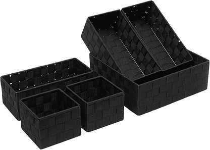 Storage Bins Woven Organizer Set of 6 – Polypropylene Storage Baskets with Metal Frame, Stackable Fabric Boxes for Drawers, Closet, Shelf, Nursery and Office, Black