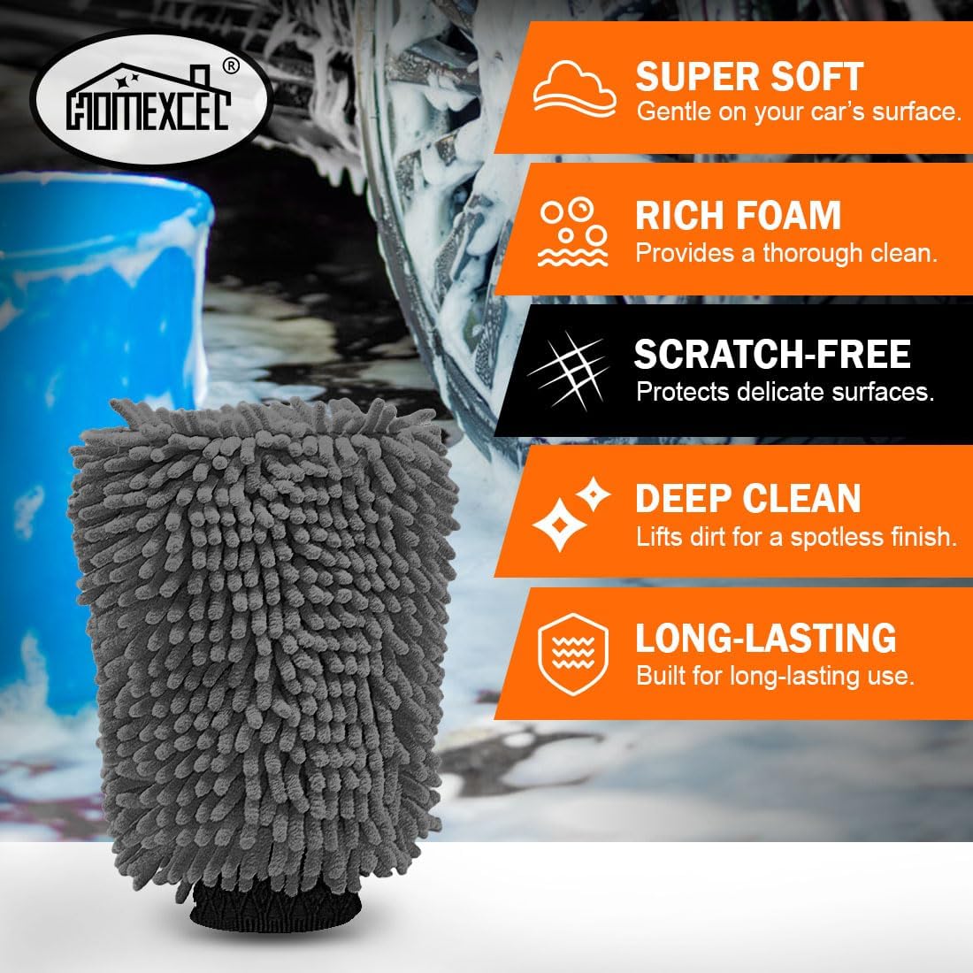 HOMEXCEL Car Wash Mitt, 2PK Chenille Microfiber Wash Mitt, Scratch-Free & Lint-Free, Rich Foam, Highly Absorbent, Double Sided, Perfect for Car Washing and Detailing, 10.2" x 6.7 ", Grey