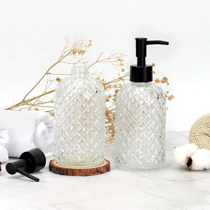 13.5Oz Gem Design Soap Dispenser with Plastic Pump, Refillable Glass Soap Dispenser for Hand Soap, Dish Soap, Lotion (Crystal Clear)