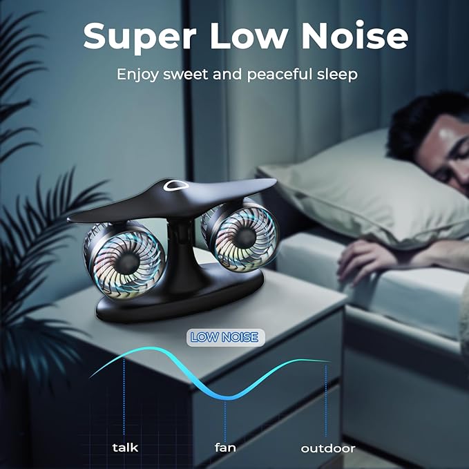 Portable Desk Fan, 8000mAh Battery Powered Small Quiet Table Fan for Bedroom Office, Aviation Style Turbine Personal Fan with LED Light, Retro Cordless Cooling Fan for Home, Travel & Sleeping