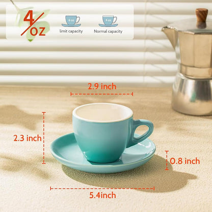 Sweese Espresso Cups with Saucers, 4 Ounce Demitasse Cups, Perfect for Single or Double Espresso, Cappuccino, Latte and Tea - Set of 6, Multicolor