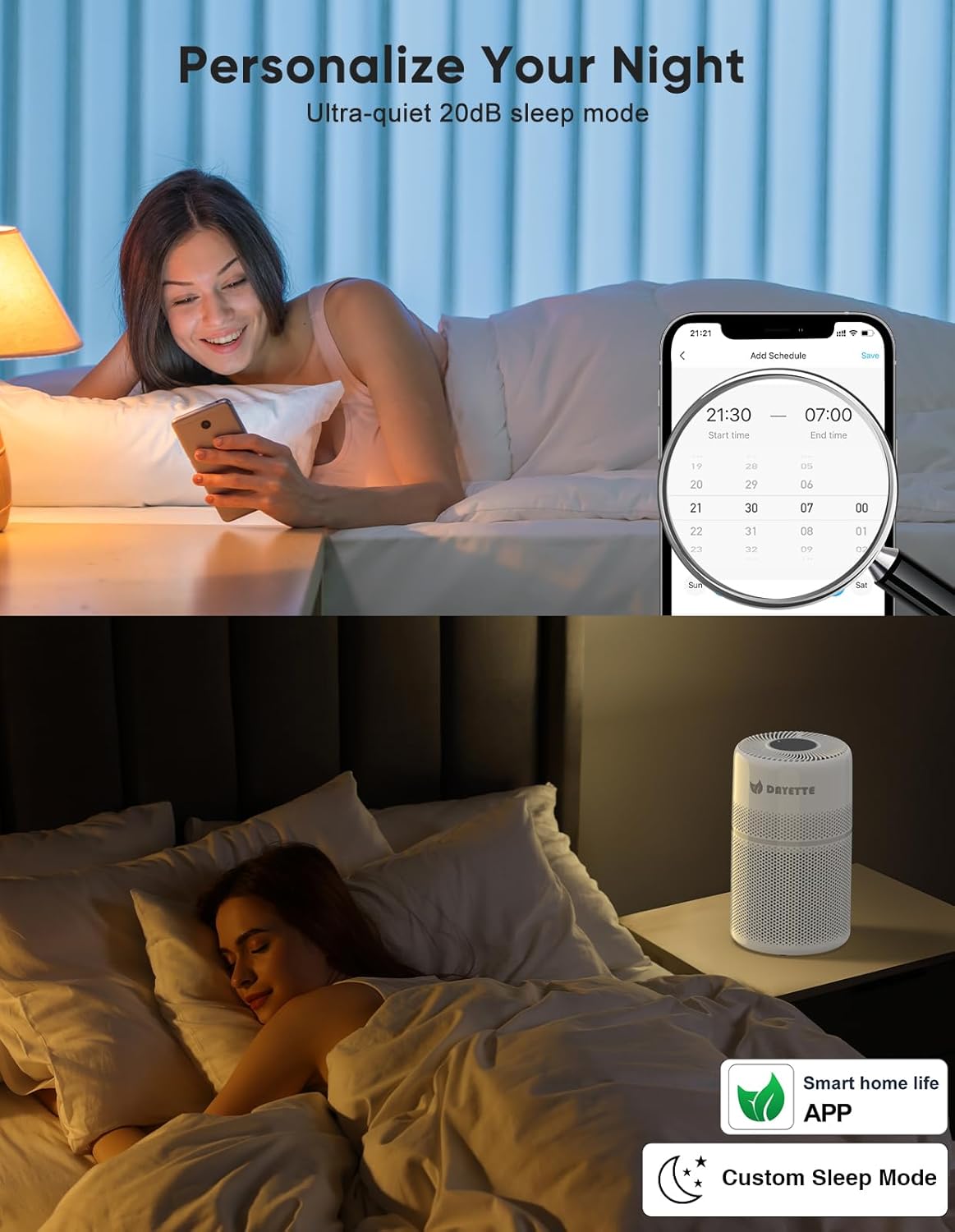 Smart Air Purifiers for Bedroom, DAYETTE 7 Color Light H13 Air Purifier for Home Large Room Up to 1500 Ft², APP Control & 20 dB Sleep Mode 2/4/8 Timer