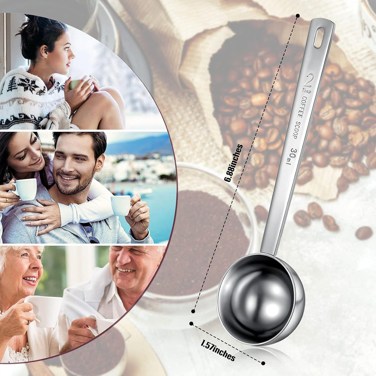 Geiserailie 4 Pieces 2 Tablespoon Scoops with Long Handle, 30 ml Stainless Steel Measuring Spoon for Coffee Milk Fruit Powder, Loose Tea Dry, Spice Jar, Cooking Baking, and Other Dry Goods