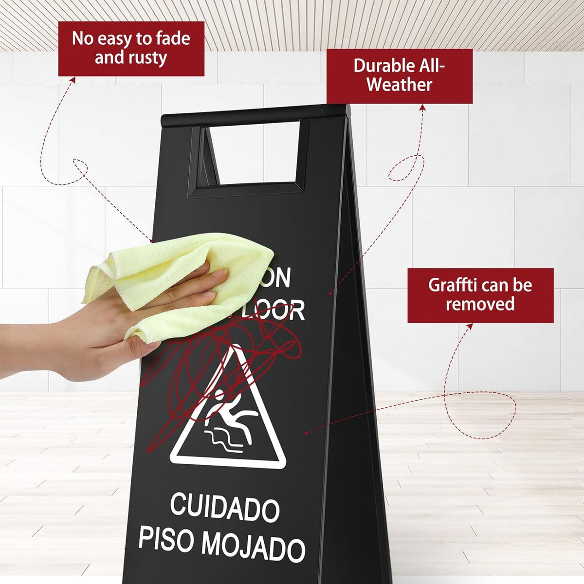 8 Pcs 24 Inch Stainless Steel Wet Floor Sign 8.8 Pound Caution Wet Floor Sign Bulk Double Sided Portable Foldable Bilingual Safety Warning for Kitchen Restaurant Restroom Avoid Fall(Black)