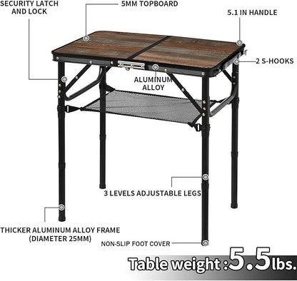 Folding Picnic Table 2ft Portable Camping Table Adjustable Heights Metal Aluminum Lightweight Foldable Small Outdoor Card Table with Carry Handle for Outside Indoor Camp Cooking BBQ Beach