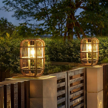 Livinlarge Solar Lantern Outdoor Waterproof, Large Rattan Solar Lantern Outdoor Hanging with Handle, Natural Bamboo Solar Outdoor Lights with Edison Bulb for Garden Patio Yard Tabletop Decoration