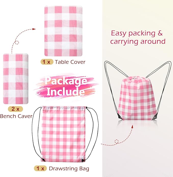 Picnic Table Cover with Bench Covers and Bag, Camping Table Camping Essentials Cover with Elastic Edges(Pink)