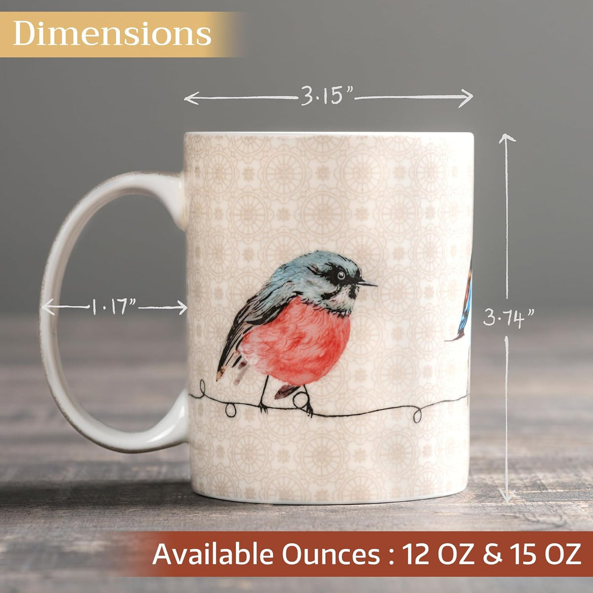 Maison d' Hermine Coffee Mug with Handles Fine Bone China Mugs Pack of One Tea Cups for Hot Beverages Cappuccino Latte Home Restaurant Office Perfect for Gift (Birdies On Wire - Robin, 12 Ounce)