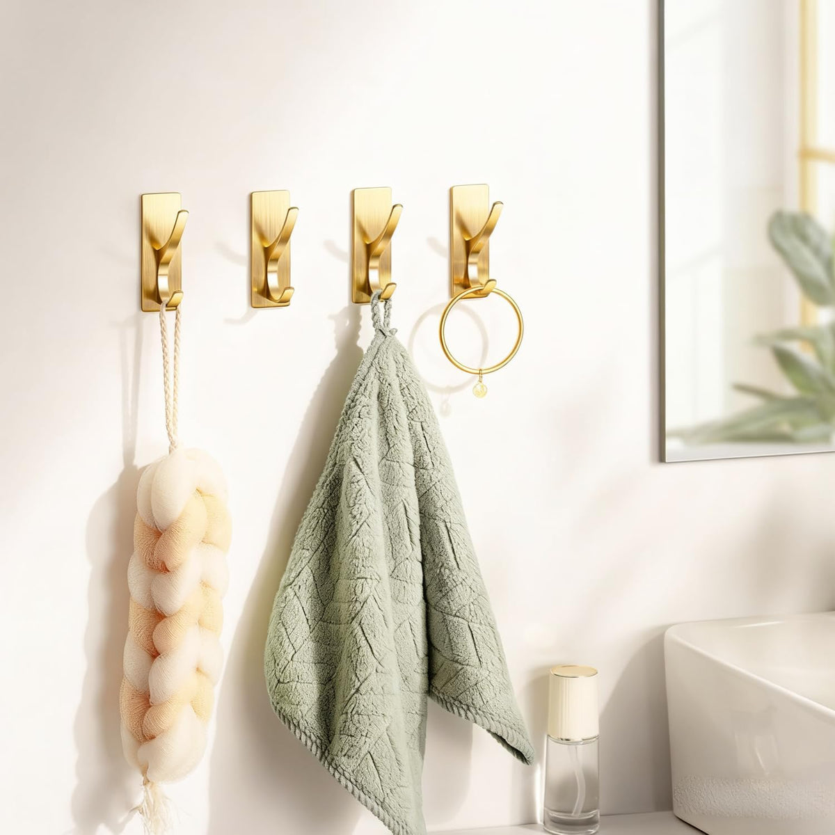 10 Pack Self Adhesive Coat Hooks for Hanging, Heavy Duty Stainless Double Wall Hook for Towel, Backpack, Hat, Sturdy Metal Hanger for Bathroom, Bedroom, Door, Wall Mounted, Brushed Gold