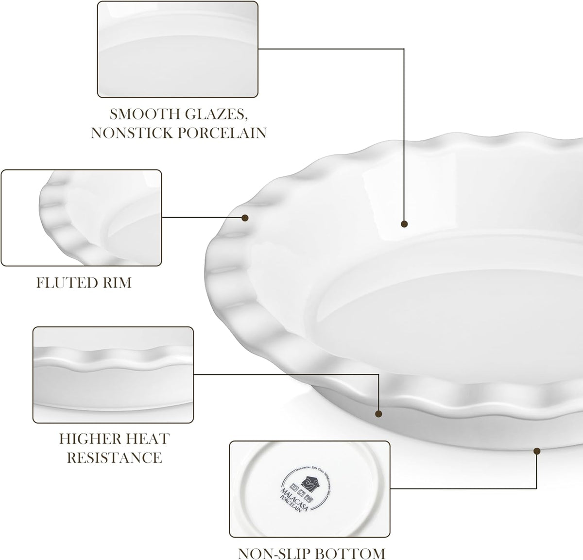 Malacasa Ceramic Pie Pan, Pie Pan for Baking 9 Inch, 40 OZ Pie Plate Round Pie Dish for Baking Fluted Pie Dish Baking Pan