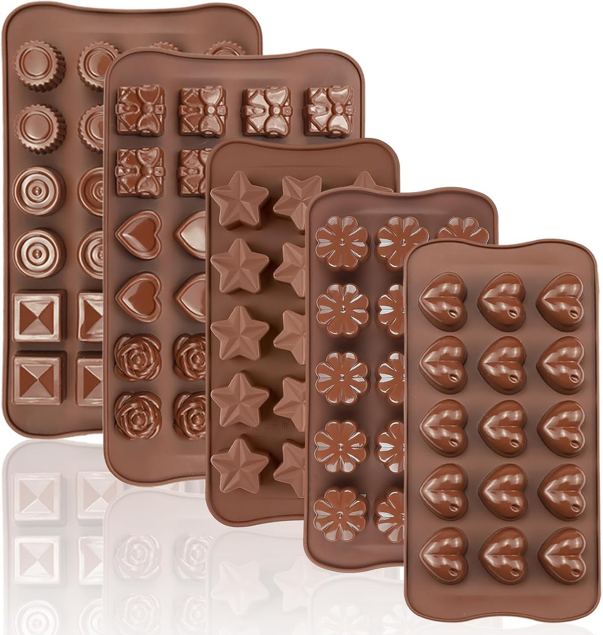 Joersh 5PCS Silicone Chocolate Molds for Candy, Fat Bombs Snacks & Truffles, 9 Shapes 93 Cavities Candle Soap Wax Melts Mold (Square, Round, Heart