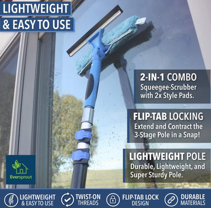 EVERSPROUT 1.5-to-3 Foot Swivel Squeegee and Microfiber Window Scrubber (8-10 Ft Standing Reach) | 2-in-1 Window & Glass Cleaning Combo | Lightweight, Aluminum Extension Pole | Includes 10-inch Blades