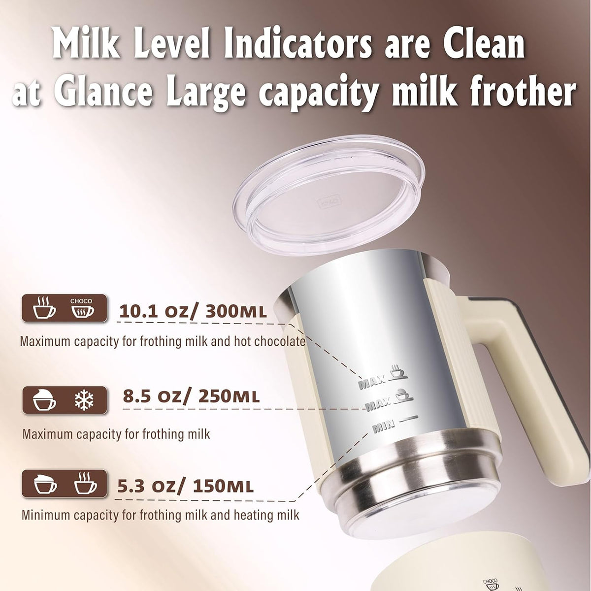 Huogary 5-in-1 Detachable Milk Frother Electric Milk Frother and Steamer Automatic Milk Foamer Frother Hot and Cold Foam Hot Chocolate Maker with Dishwasher Safe (Beige)