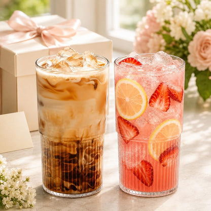 Luiaiog Glass Cups with Lids and Straws Set of 2, 18.6 oz Ribbed Drinking Glasses, Leakproof Glass Tumbler for Iced Coffee, Smoothie, Boba, Reusable Cups with Straw Brush, Dishwasher Safe