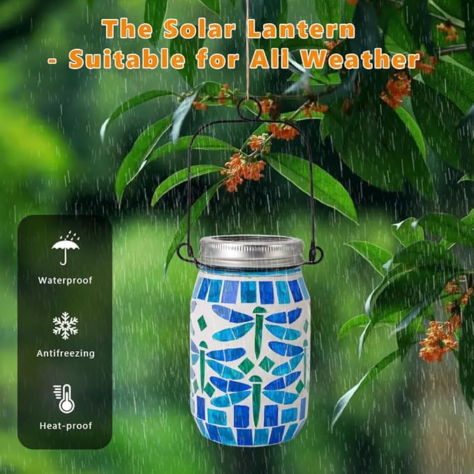 Starsoul Solar Hanging Lanterns Outdoor Waterproof, Mosaic Dragonfly Decor Glass Solar Outdoor Lights, Decorative Solar Lantern for Outside Pathway Patio Porch Yard Decor