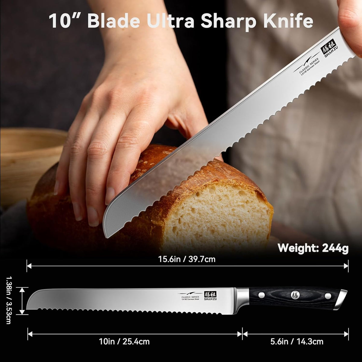 Shan ZU 10" Bread Knife - Sourdough Slicing Knife Professional German 1.4116 Stainless Steel Serrated Blade, Ergonomic Wood Handle & Full Tang Design