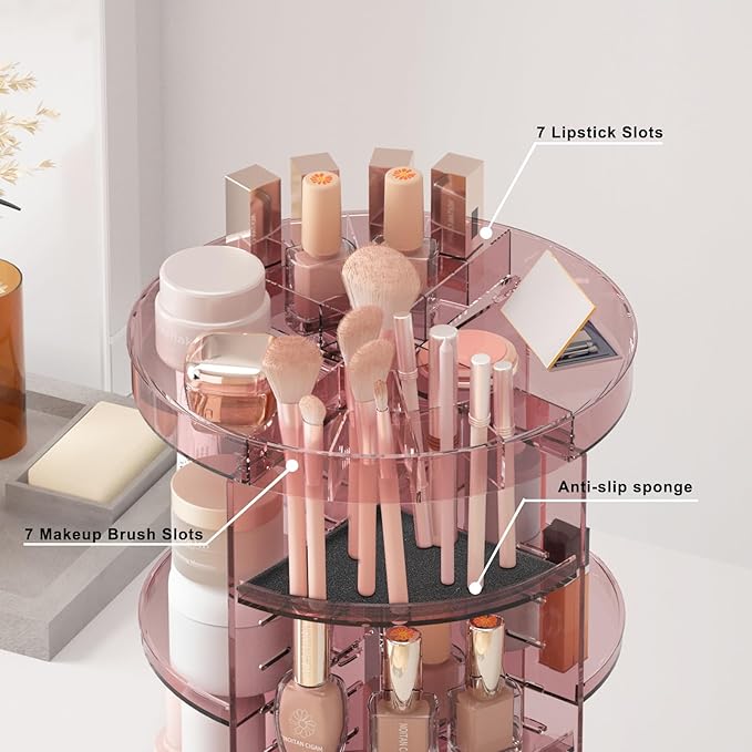 Jiavarry 360 Rotating Makeup Organizer with Lipstick Slots, 8 Adjustable Layers Spinning Skincare Organizers, Large Capacity Desk Storage, Carousel Cosmetic Shelf for Vanity Bathroom Countertop