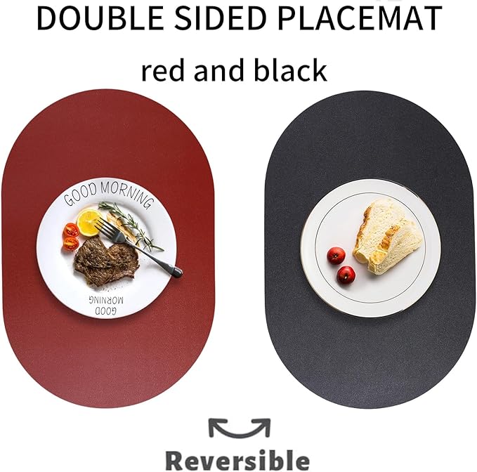 Oval Placemats Set of 6 Reversible Black and Red Faux Leather Placemat Waterproof PU Table Mats Heat Resistant Anti Slip Washable Place Mat for Indoor and Outdoor Dining Table