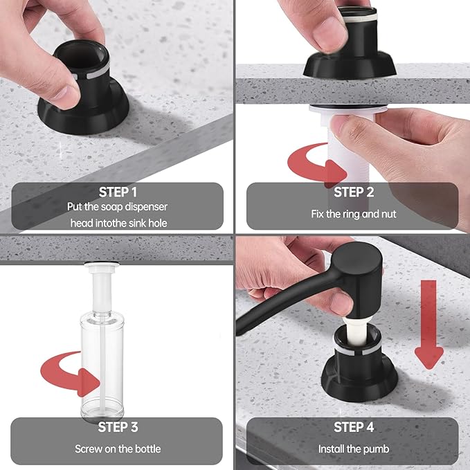 Kitchen Sink Soap Dispenser Matte Black, Built in Soap Dispenser Kitchen Countertop, ABS Pump Head with Refillable Bottle, Under Counter Dish Soap Hand Lotion Dispenser