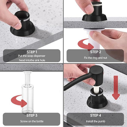 Kitchen Sink Soap Dispenser Matte Black, Built in Soap Dispenser Kitchen Countertop, ABS Pump Head with Refillable Bottle, Under Counter Dish Soap Hand Lotion Dispenser