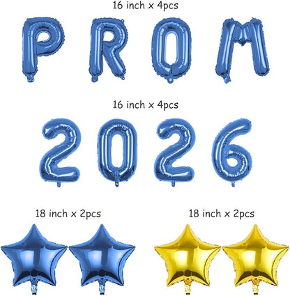 Prom 2026 Balloons Decorations, 16 Inch Foil Letter Number Balloons with 18 Inch Blue Gold Star Balloons for High School College Graduation Gift Retirement Ins Photo Party Supplies